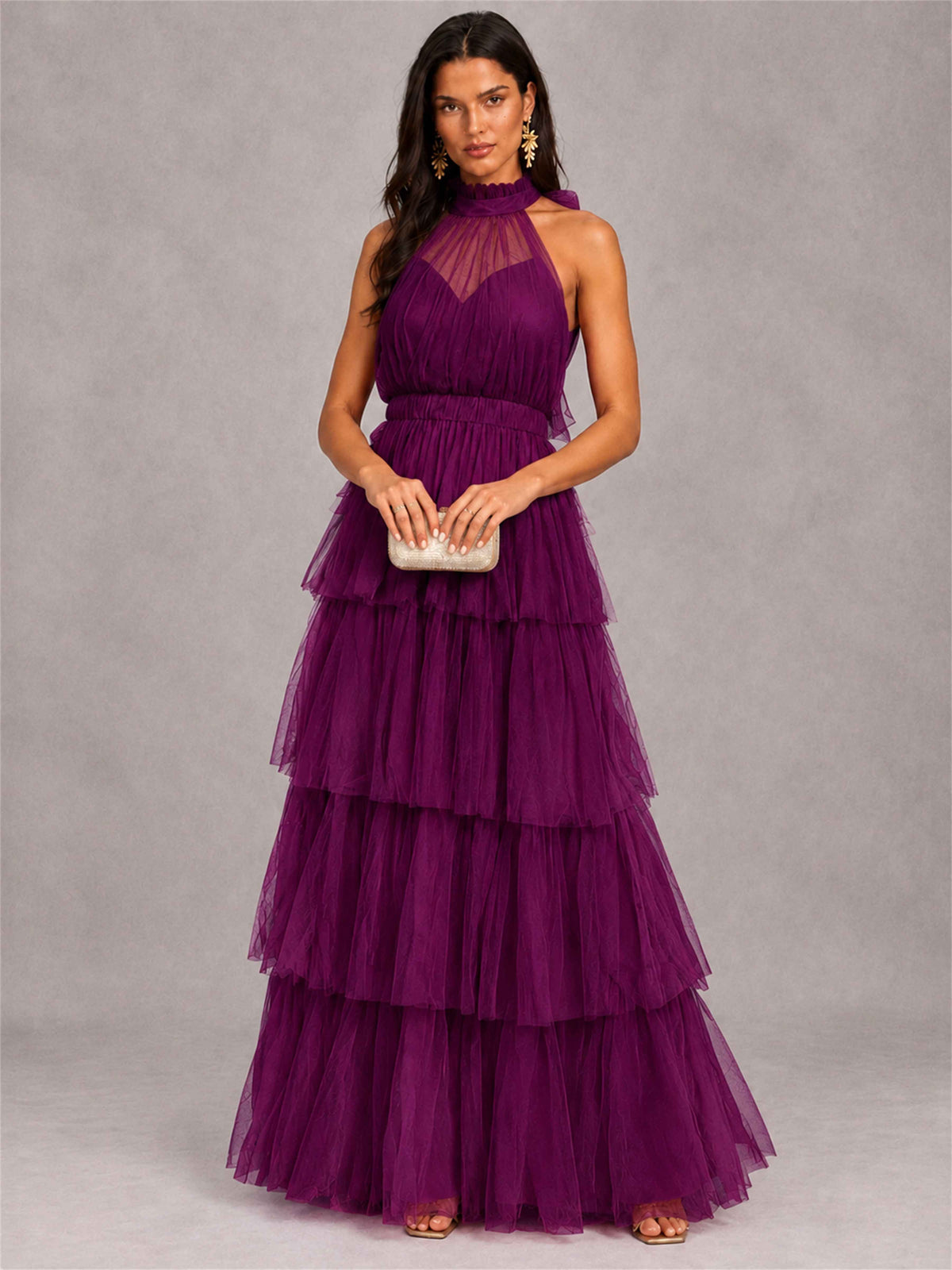 High Neck A-Line Tulle Tiered Sleeveless Floor-Length Wedding Guest Dress