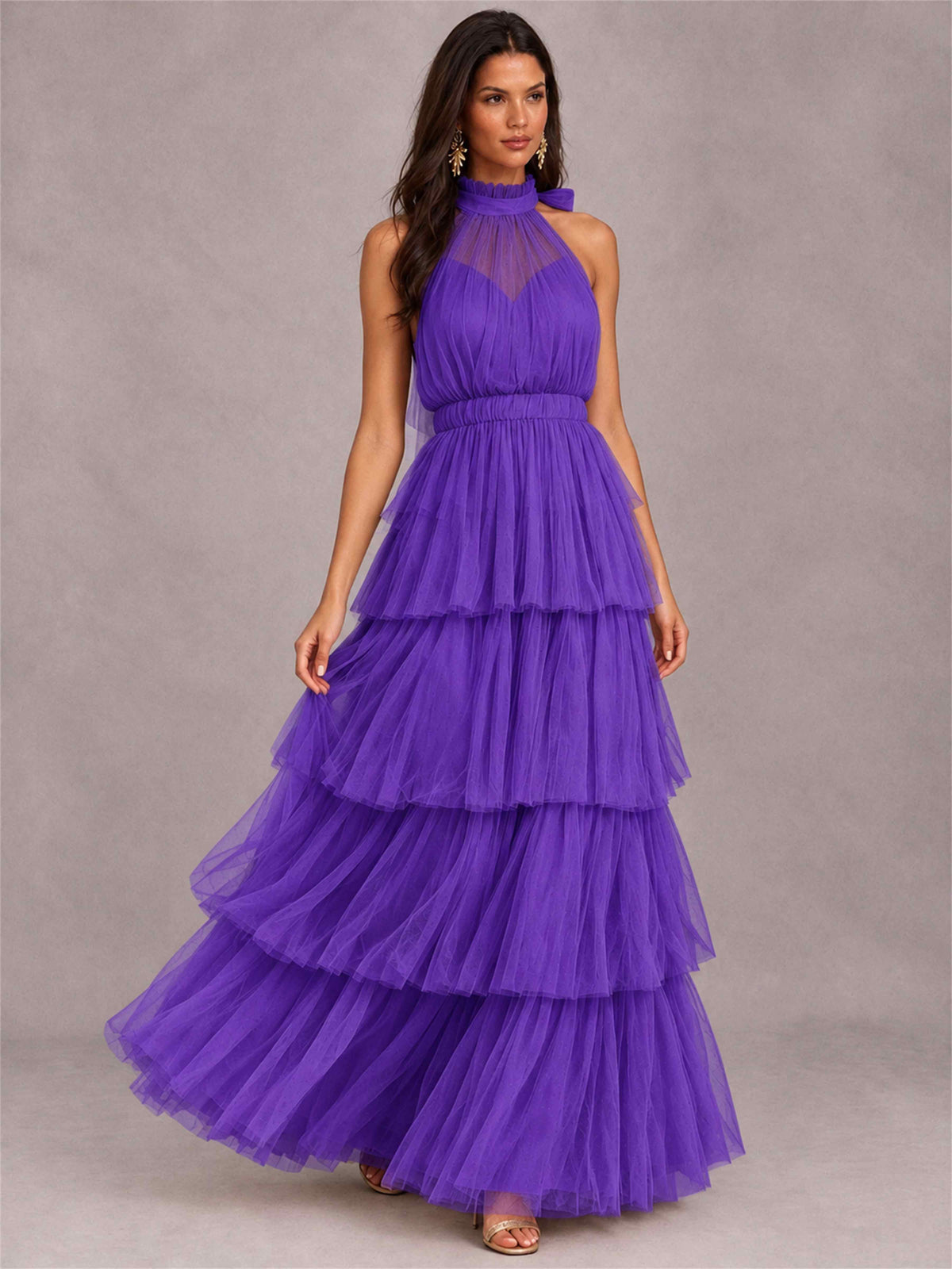 High Neck A-Line Tulle Tiered Sleeveless Floor-Length Wedding Guest Dress
