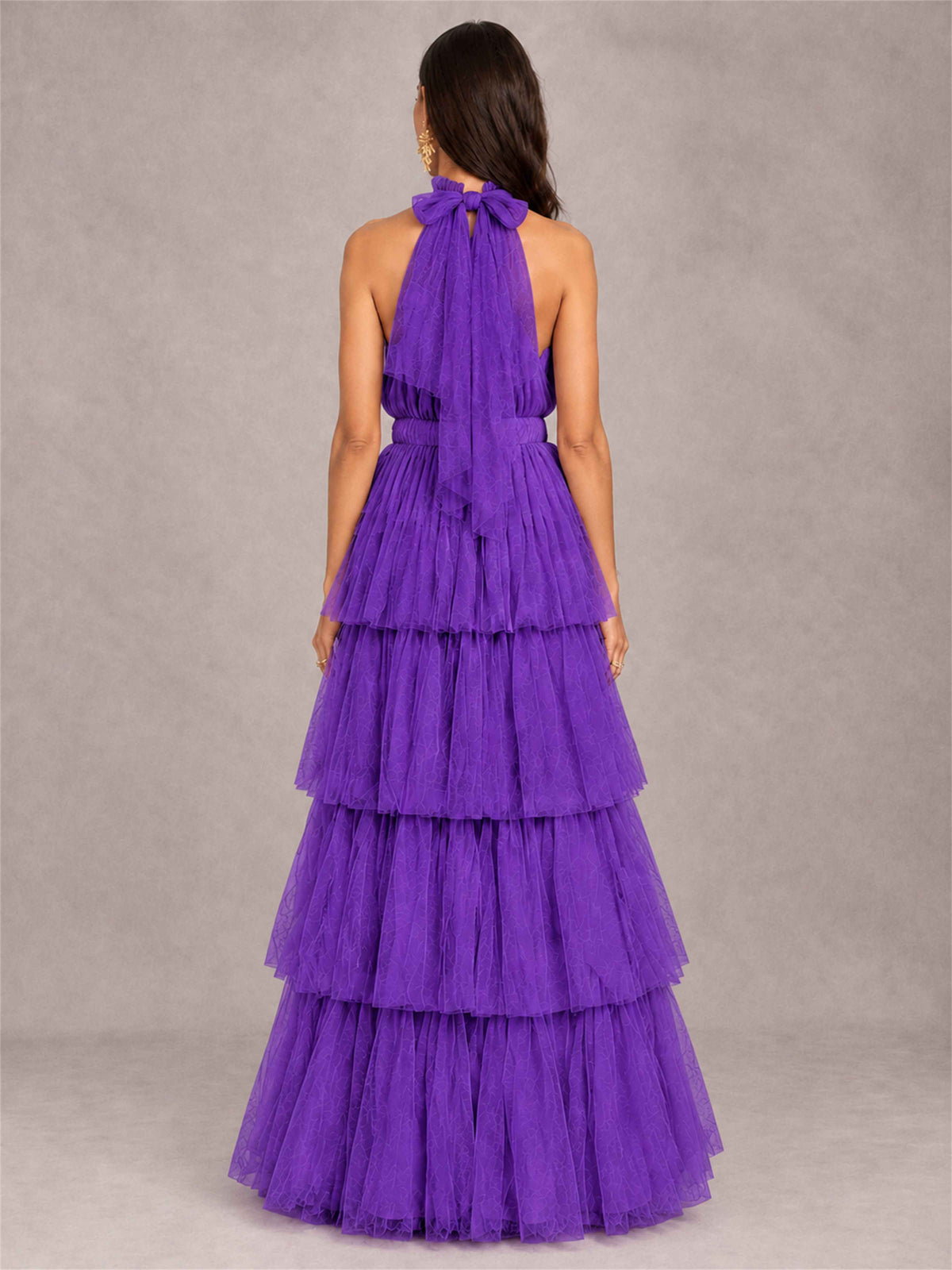 High Neck A-Line Tulle Tiered Sleeveless Floor-Length Wedding Guest Dress