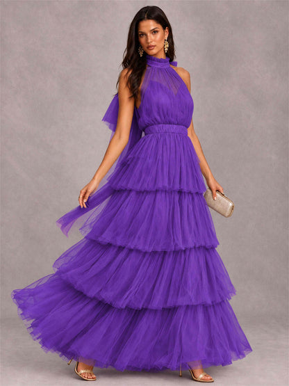 High Neck A-Line Tulle Tiered Sleeveless Floor-Length Wedding Guest Dress