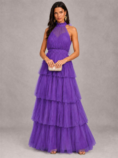 High Neck A-Line Tulle Tiered Sleeveless Floor-Length Wedding Guest Dress