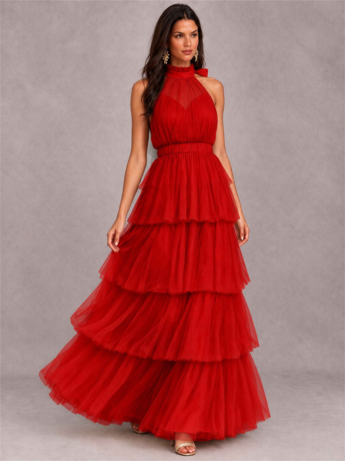 High Neck A-Line Tulle Tiered Sleeveless Floor-Length Wedding Guest Dress