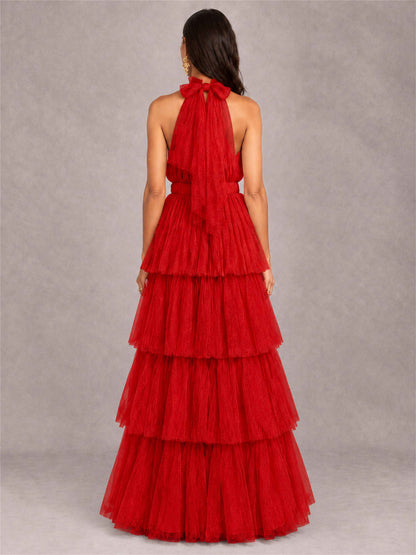 High Neck A-Line Tulle Tiered Sleeveless Floor-Length Wedding Guest Dress