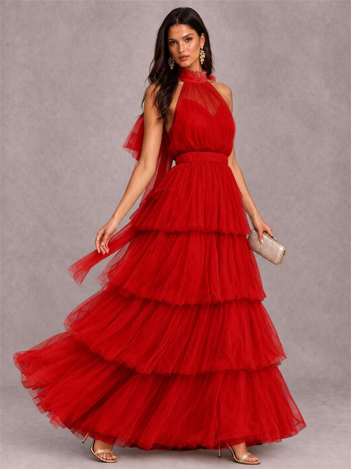 High Neck A-Line Tulle Tiered Sleeveless Floor-Length Wedding Guest Dress