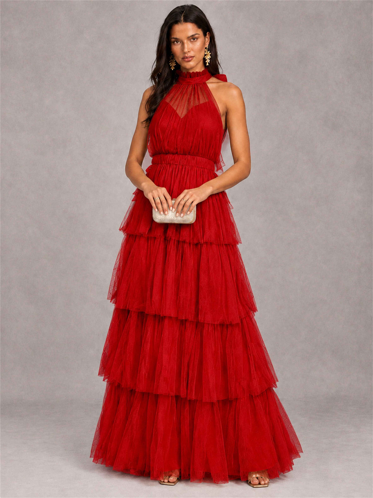 High Neck A-Line Tulle Tiered Sleeveless Floor-Length Wedding Guest Dress