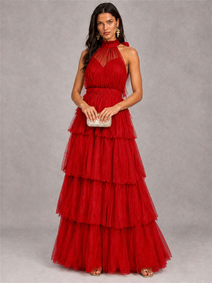 High Neck A-Line Tulle Tiered Sleeveless Floor-Length Wedding Guest Dress