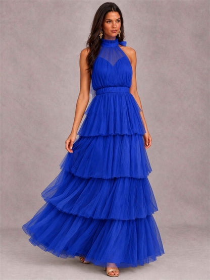 High Neck A-Line Tulle Tiered Sleeveless Floor-Length Wedding Guest Dress