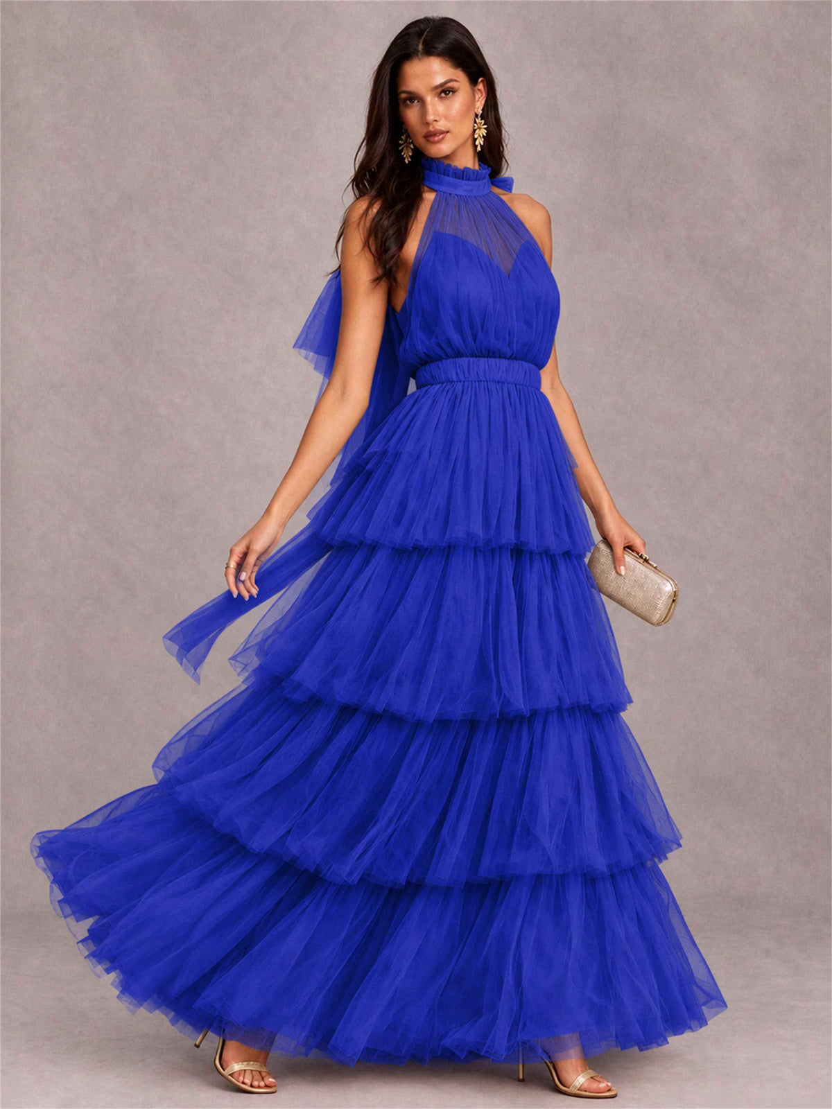 High Neck A-Line Tulle Tiered Sleeveless Floor-Length Wedding Guest Dress