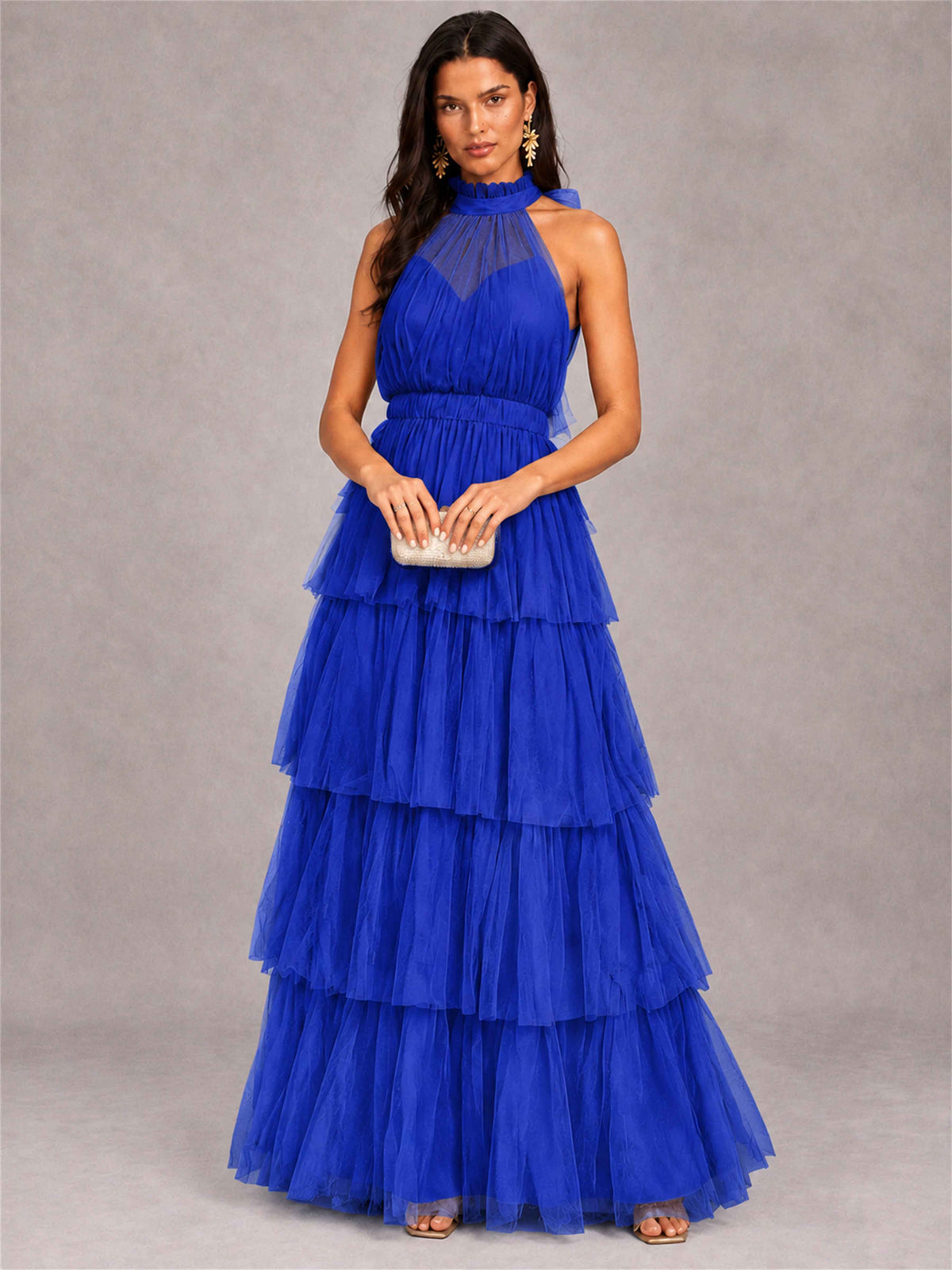 High Neck A-Line Tulle Tiered Sleeveless Floor-Length Wedding Guest Dress