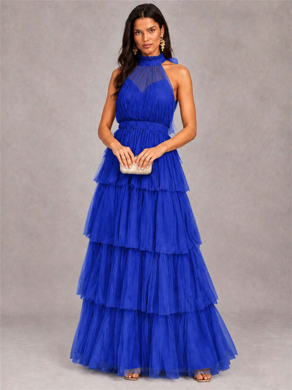 High Neck A-Line Tulle Tiered Sleeveless Floor-Length Wedding Guest Dress