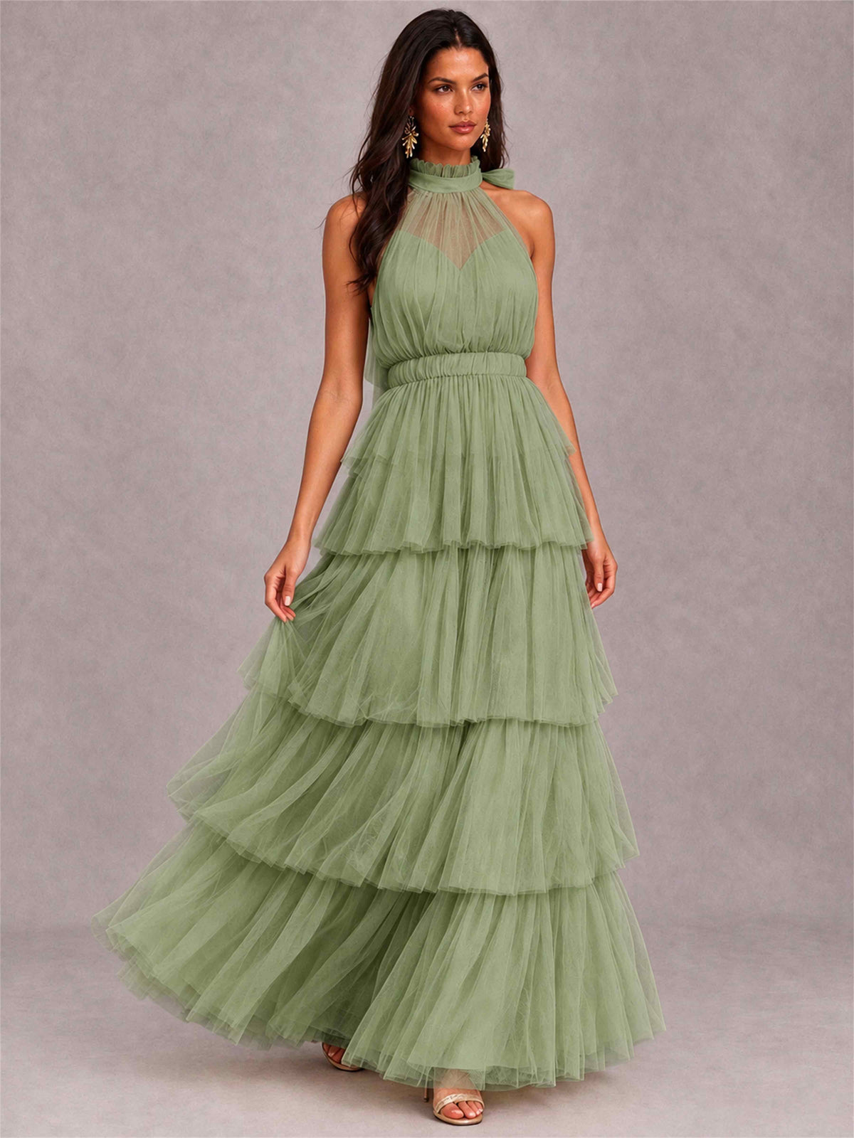High Neck A-Line Tulle Tiered Sleeveless Floor-Length Wedding Guest Dress