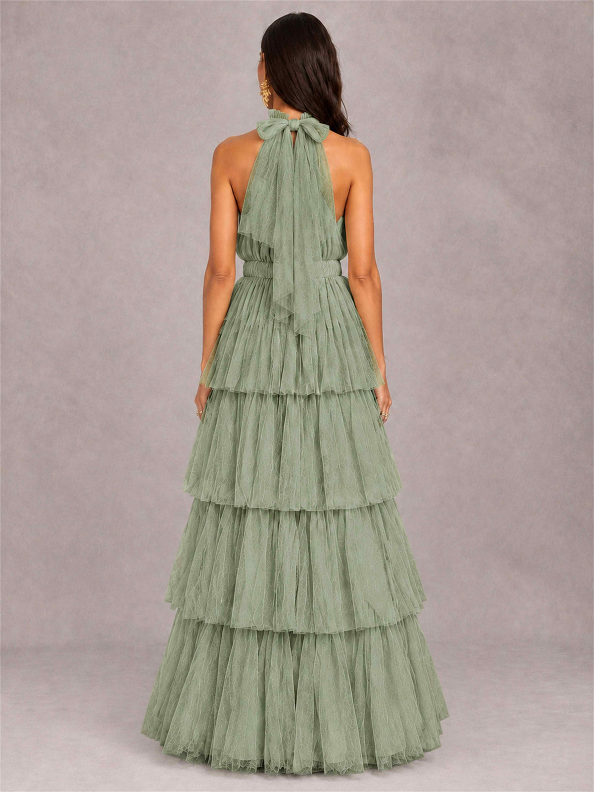 High Neck A-Line Tulle Tiered Sleeveless Floor-Length Wedding Guest Dress