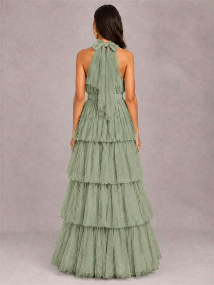 High Neck A-Line Tulle Tiered Sleeveless Floor-Length Wedding Guest Dress