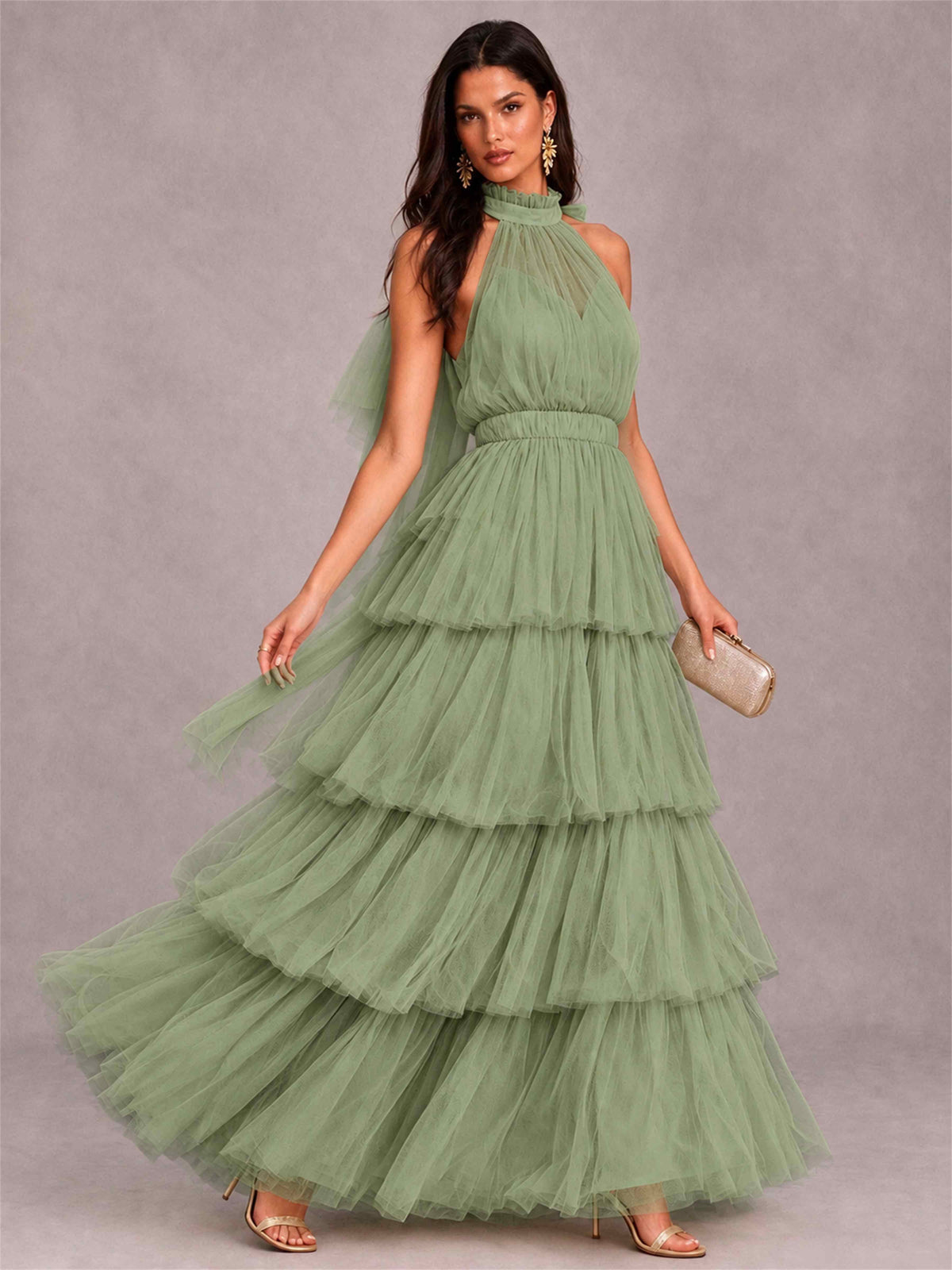 High Neck A-Line Tulle Tiered Sleeveless Floor-Length Wedding Guest Dress