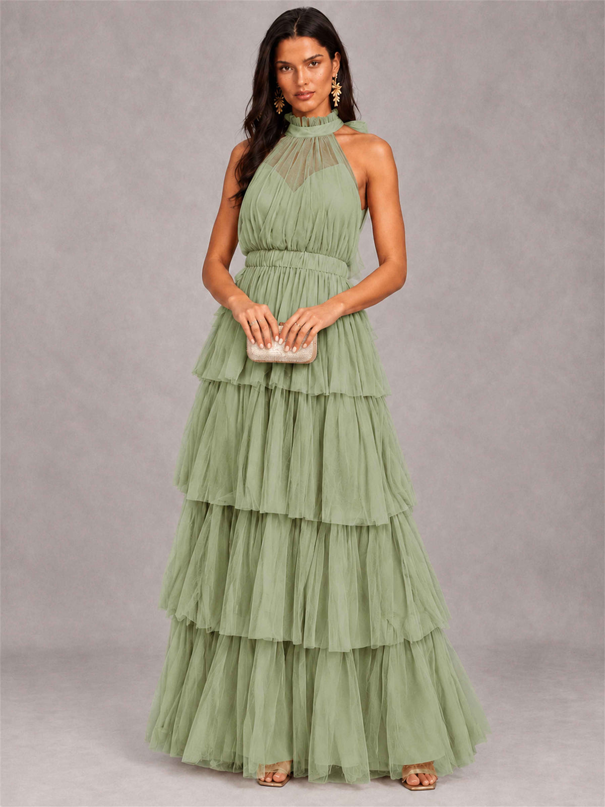 High Neck A-Line Tulle Tiered Sleeveless Floor-Length Wedding Guest Dress