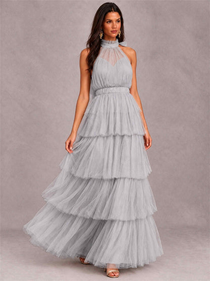 High Neck A-Line Tulle Tiered Sleeveless Floor-Length Wedding Guest Dress