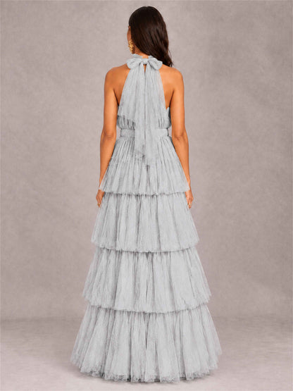 High Neck A-Line Tulle Tiered Sleeveless Floor-Length Wedding Guest Dress