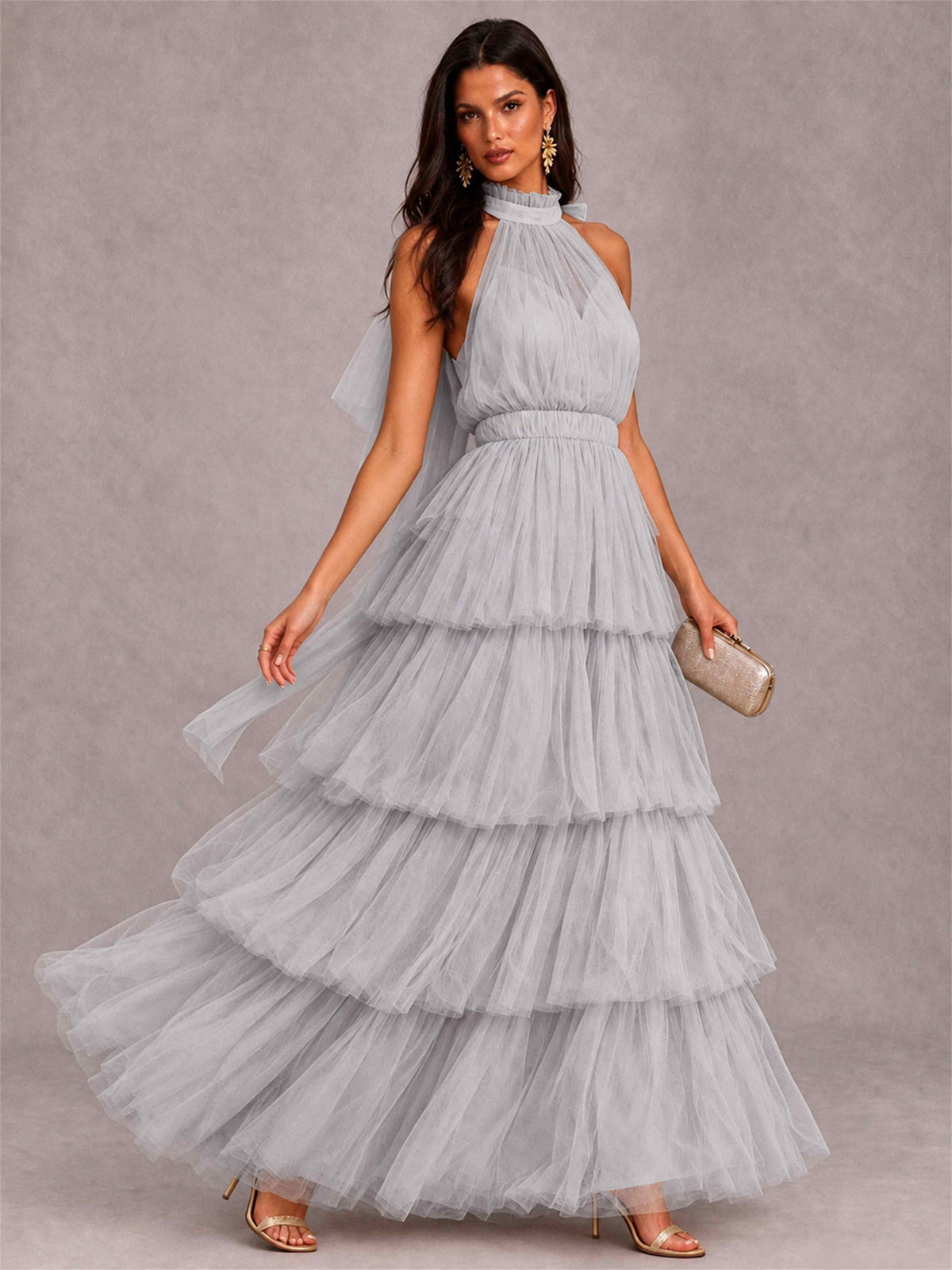 High Neck A-Line Tulle Tiered Sleeveless Floor-Length Wedding Guest Dress