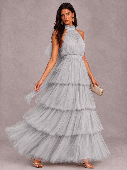 High Neck A-Line Tulle Tiered Sleeveless Floor-Length Wedding Guest Dress