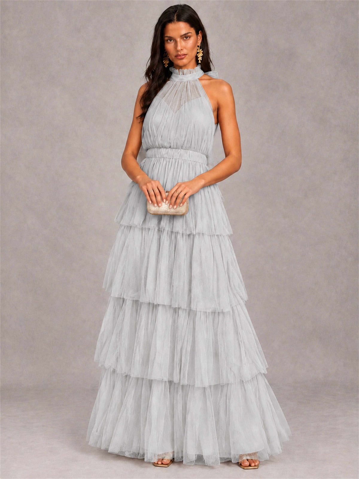 High Neck A-Line Tulle Tiered Sleeveless Floor-Length Wedding Guest Dress