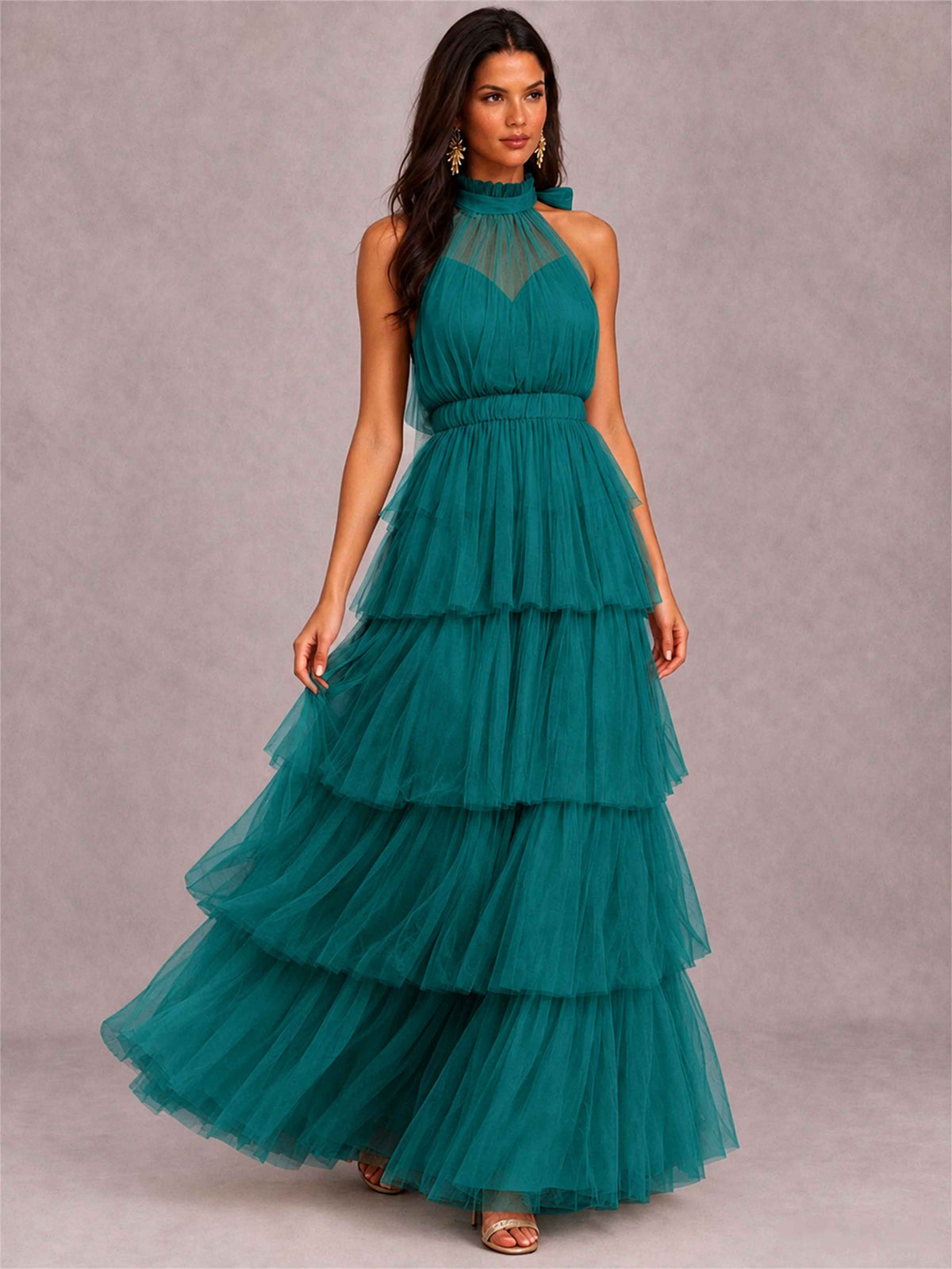 High Neck A-Line Tulle Tiered Sleeveless Floor-Length Wedding Guest Dress