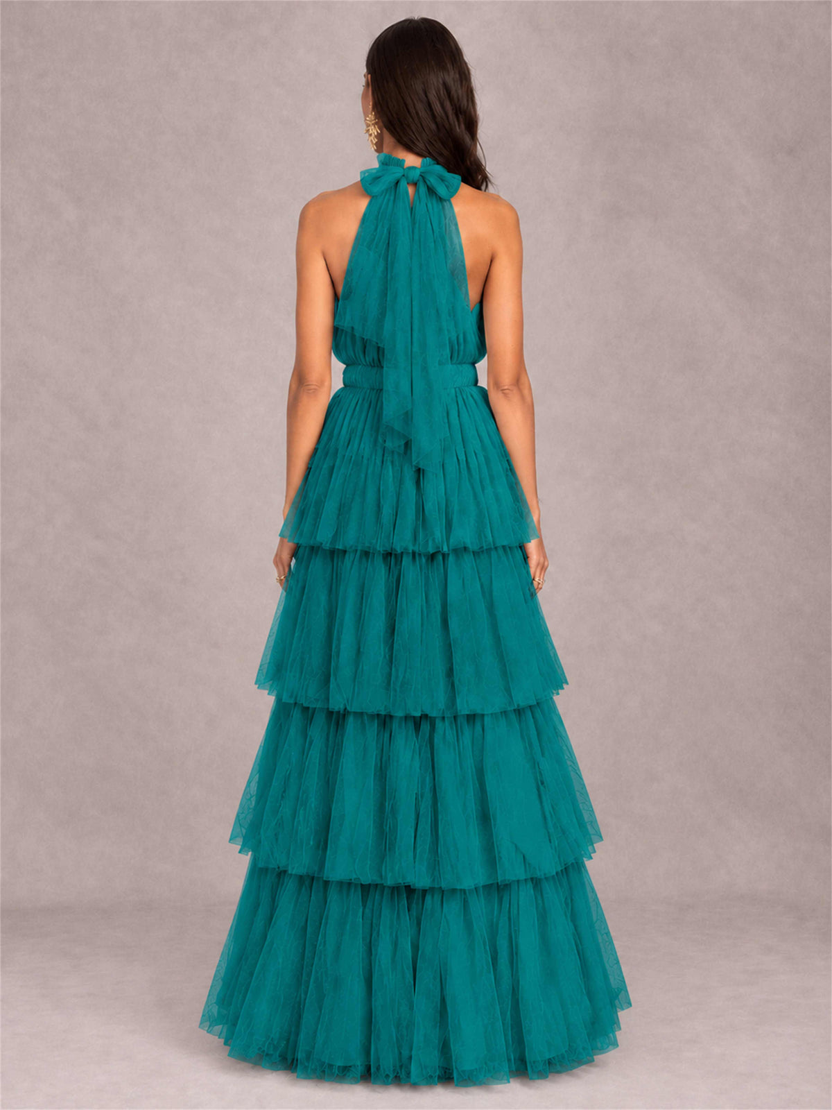 High Neck A-Line Tulle Tiered Sleeveless Floor-Length Wedding Guest Dress