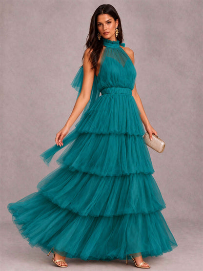 High Neck A-Line Tulle Tiered Sleeveless Floor-Length Wedding Guest Dress