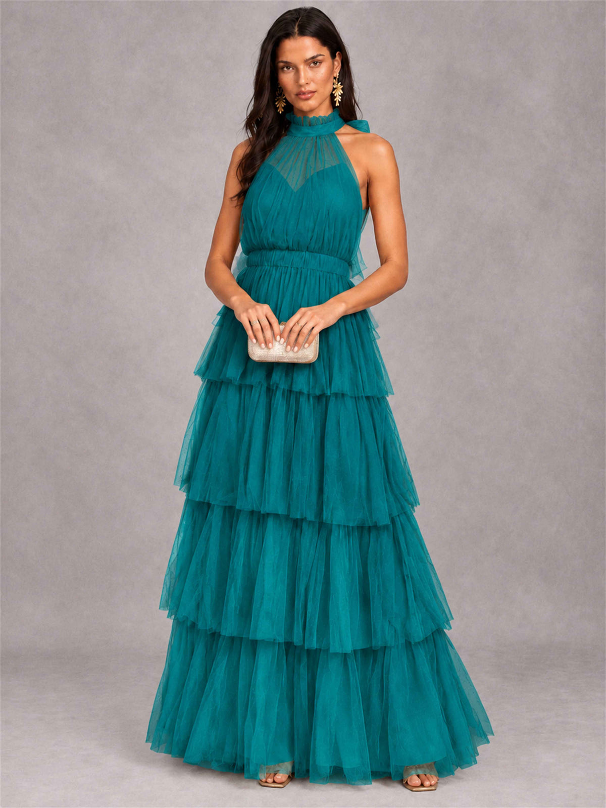 High Neck A-Line Tulle Tiered Sleeveless Floor-Length Wedding Guest Dress