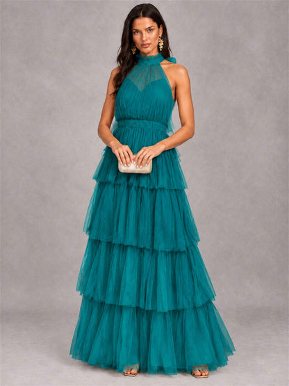 High Neck A-Line Tulle Tiered Sleeveless Floor-Length Wedding Guest Dress