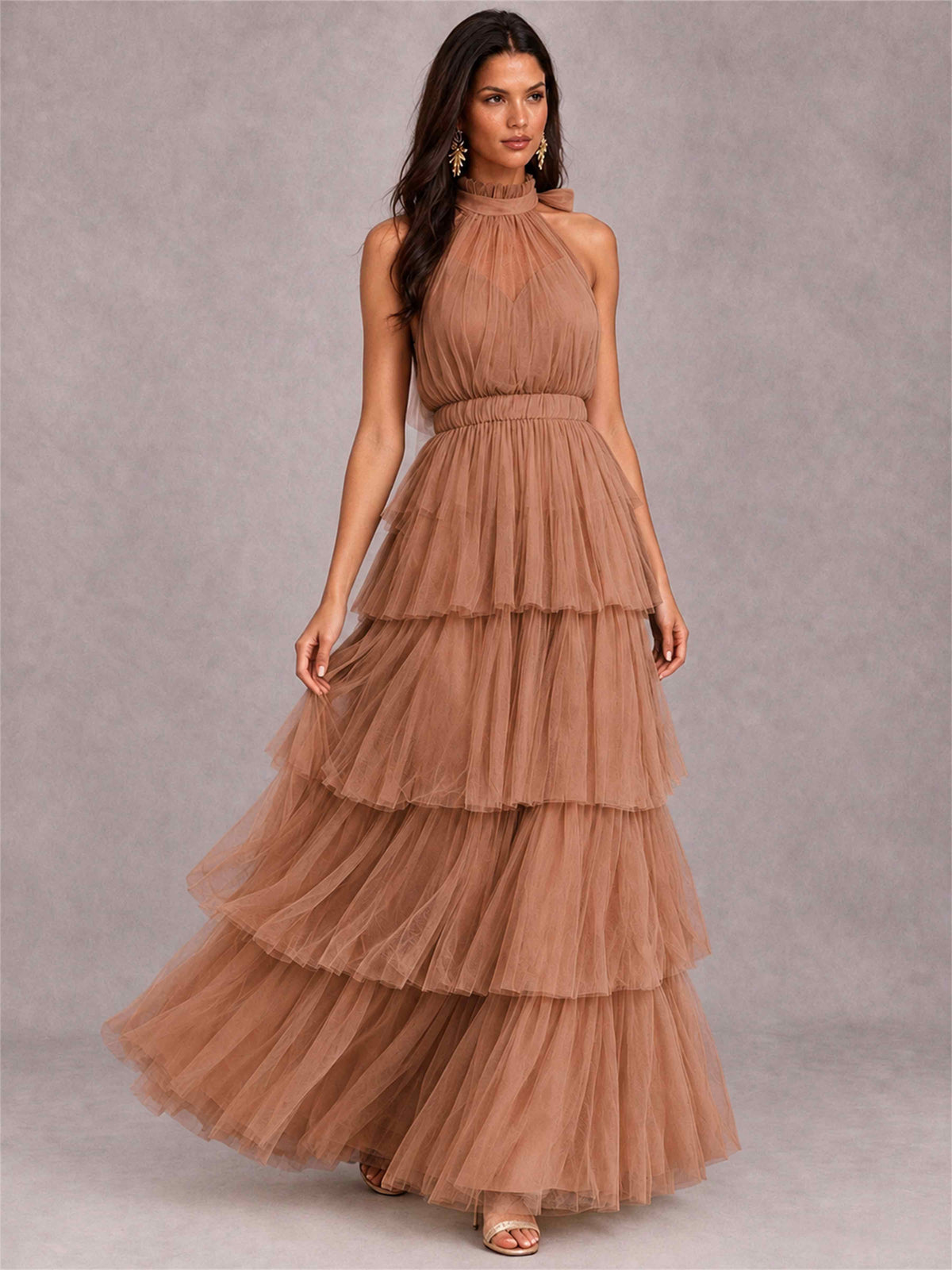 High Neck A-Line Tulle Tiered Sleeveless Floor-Length Wedding Guest Dress