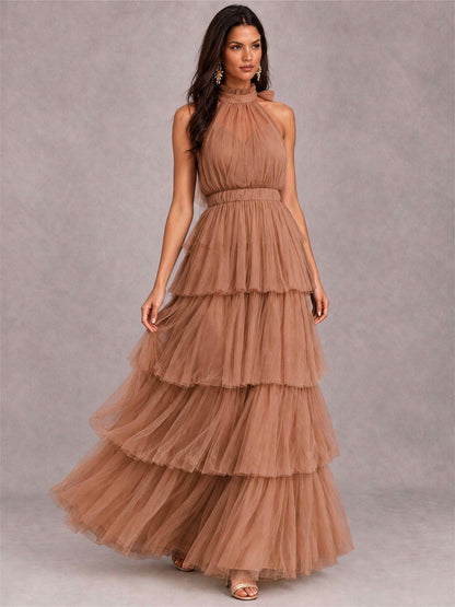 High Neck A-Line Tulle Tiered Sleeveless Floor-Length Wedding Guest Dress