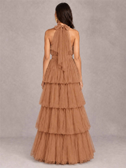 High Neck A-Line Tulle Tiered Sleeveless Floor-Length Wedding Guest Dress