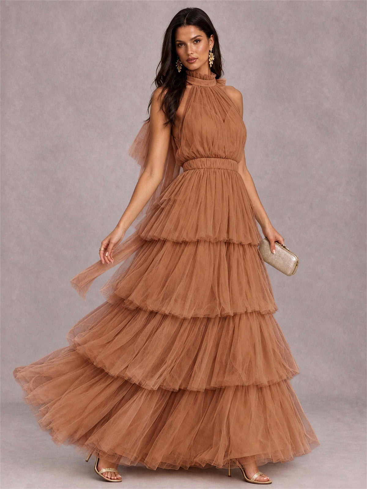 High Neck A-Line Tulle Tiered Sleeveless Floor-Length Wedding Guest Dress