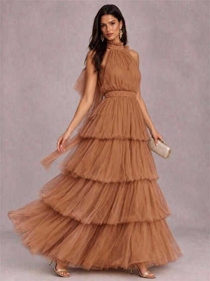 High Neck A-Line Tulle Tiered Sleeveless Floor-Length Wedding Guest Dress