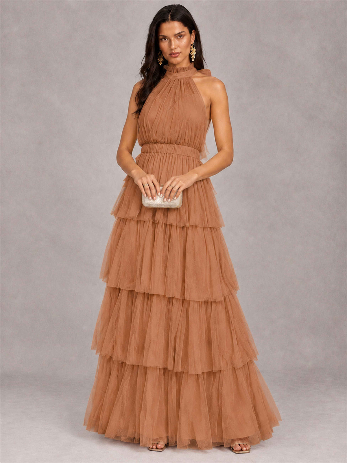 High Neck A-Line Tulle Tiered Sleeveless Floor-Length Wedding Guest Dress