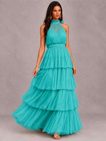 High Neck A-Line Tulle Tiered Sleeveless Floor-Length Wedding Guest Dress