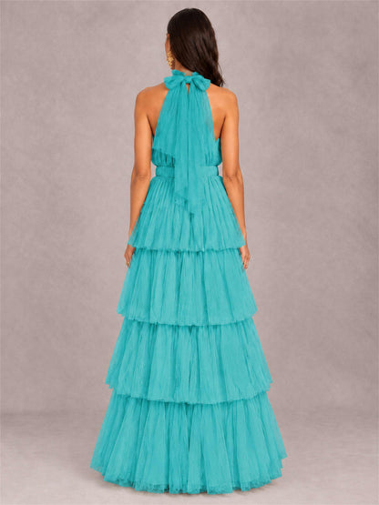 High Neck A-Line Tulle Tiered Sleeveless Floor-Length Wedding Guest Dress