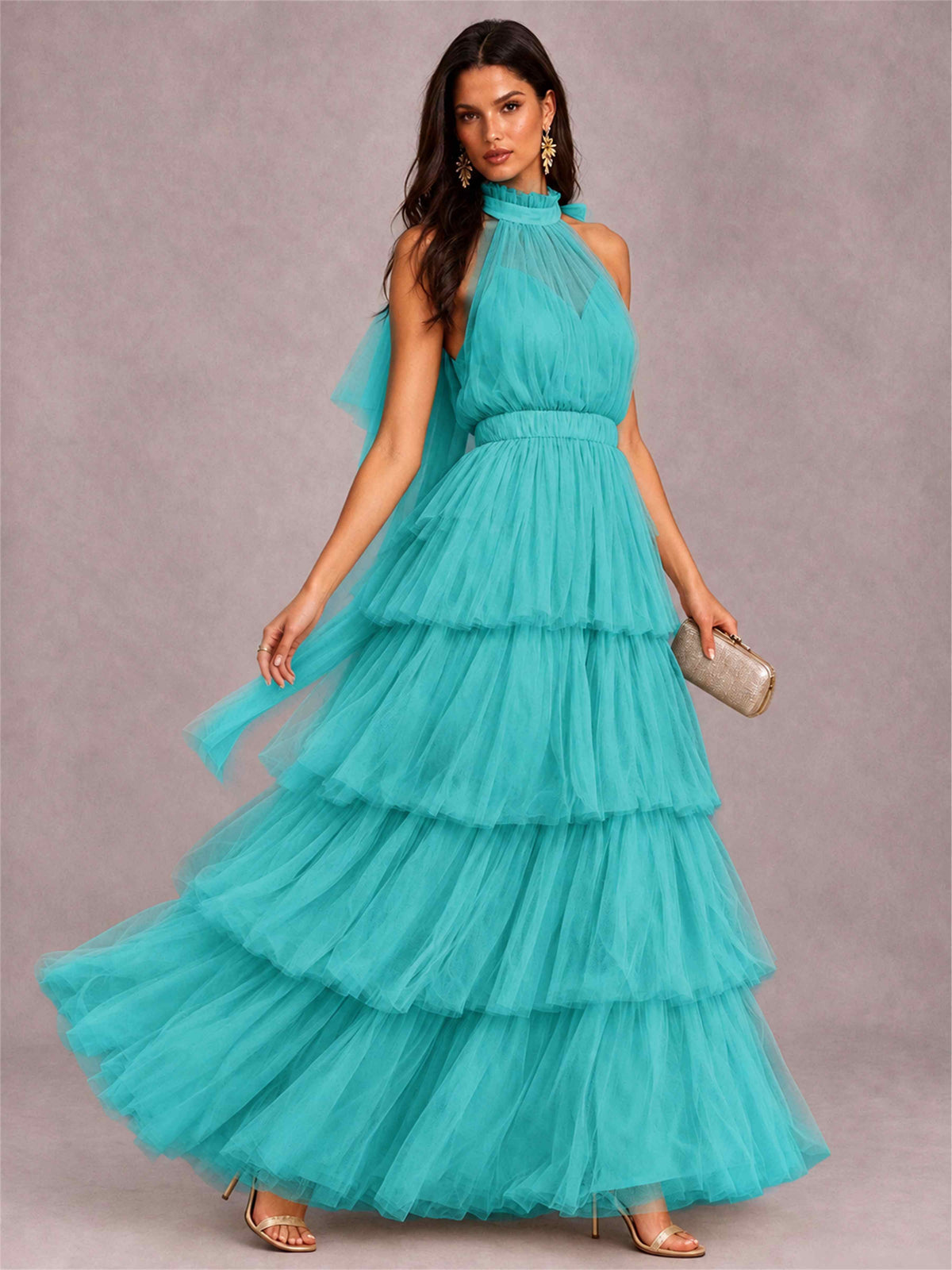 High Neck A-Line Tulle Tiered Sleeveless Floor-Length Wedding Guest Dress