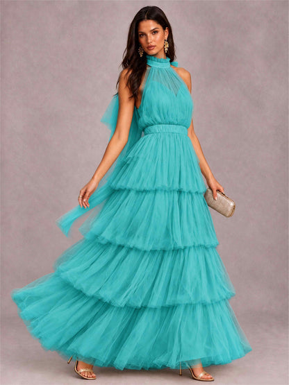 High Neck A-Line Tulle Tiered Sleeveless Floor-Length Wedding Guest Dress