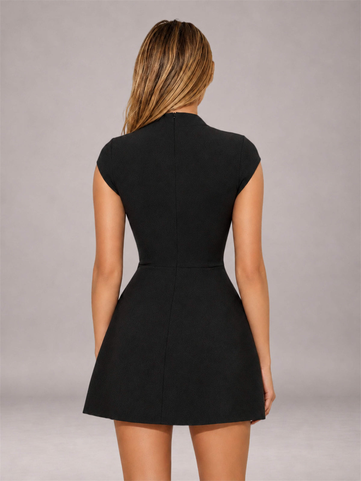 Black High Neck Cap Sleeve Fit Flare Mini Homecoming Dress
