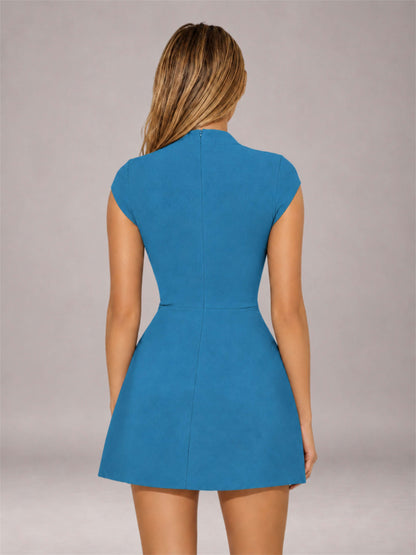 Blue High Neck Cap Sleeve Fit Flare Mini Homecoming Dress