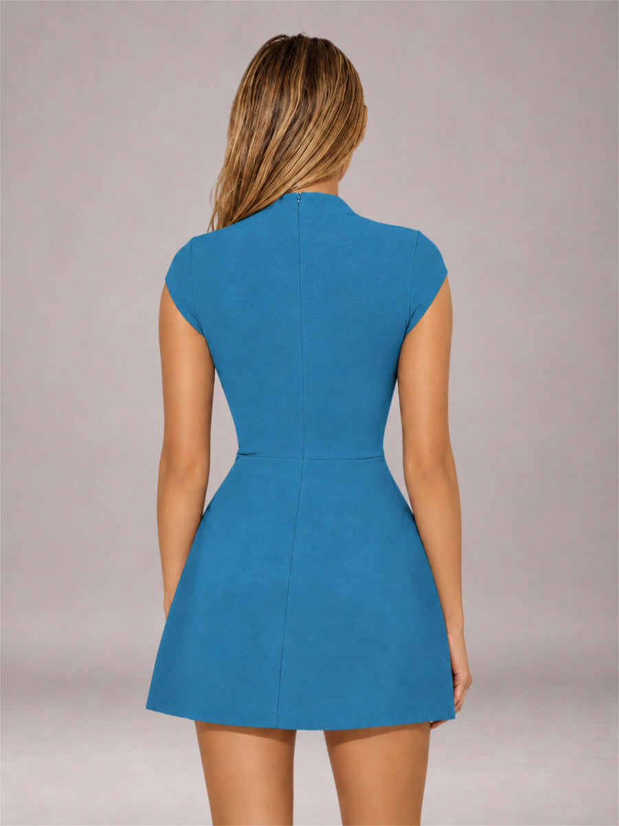 Blue High Neck Cap Sleeve Fit Flare Mini Homecoming Dress