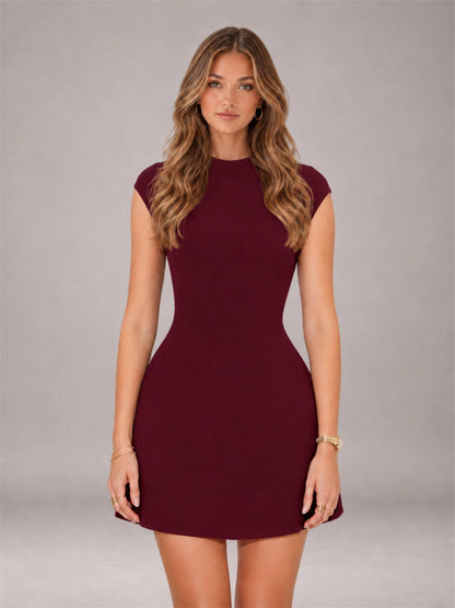 Burgundy High Neck Cap Sleeve Fit Flare Mini Homecoming Dress