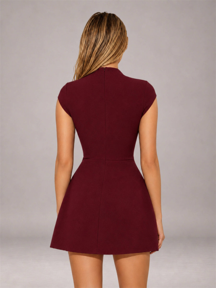 Burgundy High Neck Cap Sleeve Fit Flare Mini Homecoming Dress