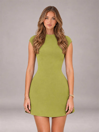 Chartreuse High Neck Cap Sleeve Fit Flare Mini Homecoming Dress