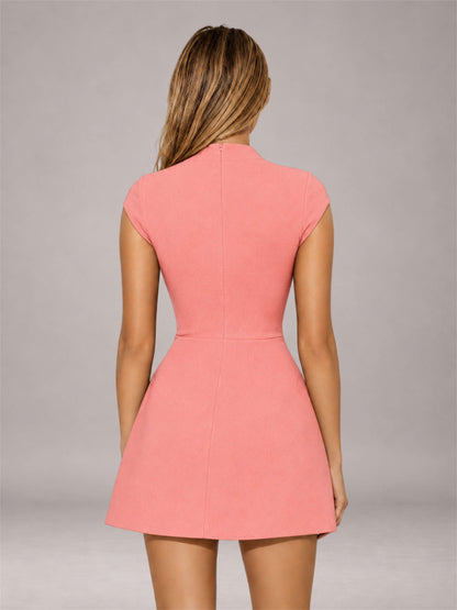 Coral High Neck Cap Sleeve Fit Flare Mini Homecoming Dress