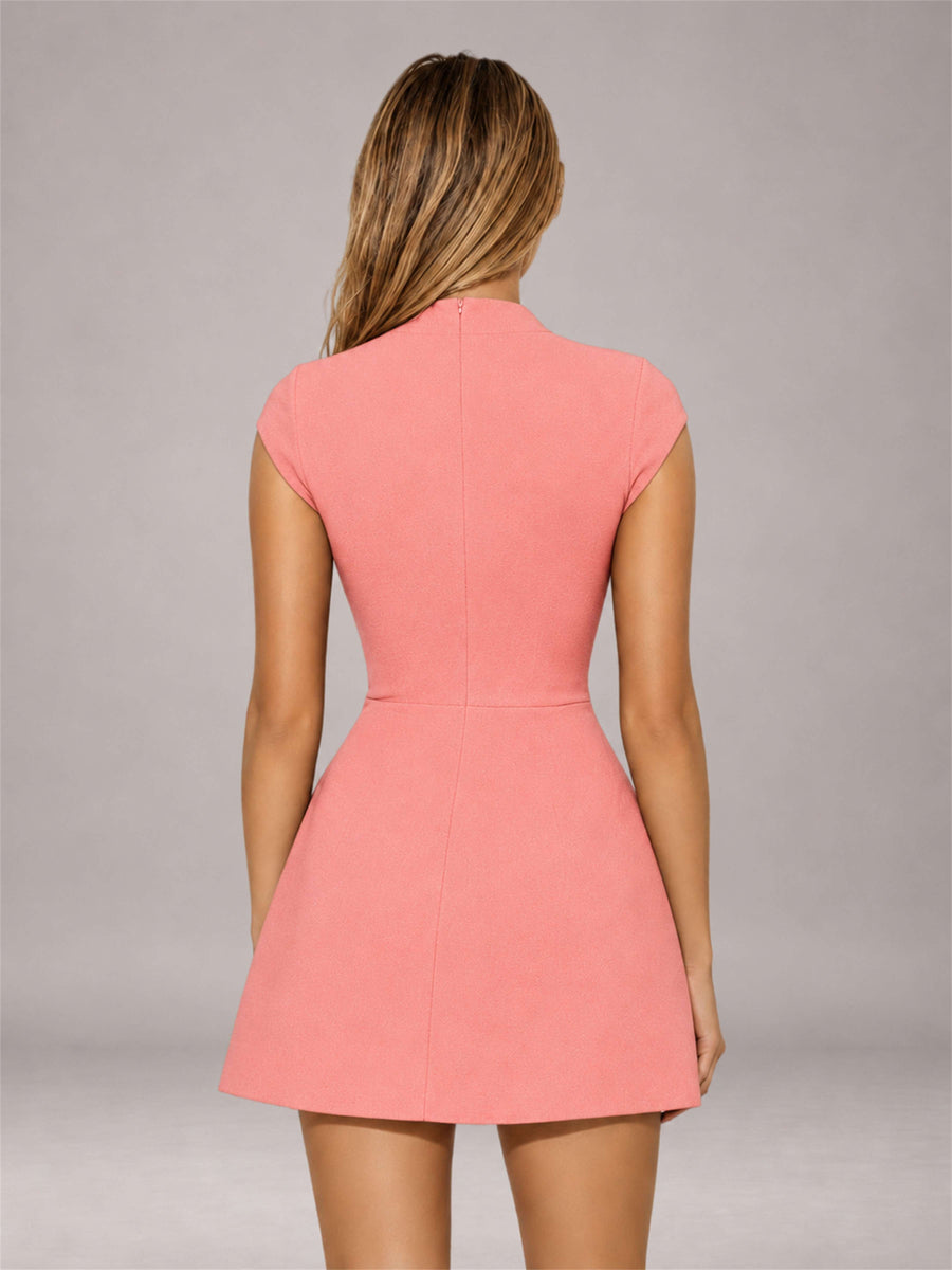 Coral High Neck Cap Sleeve Fit Flare Mini Homecoming Dress