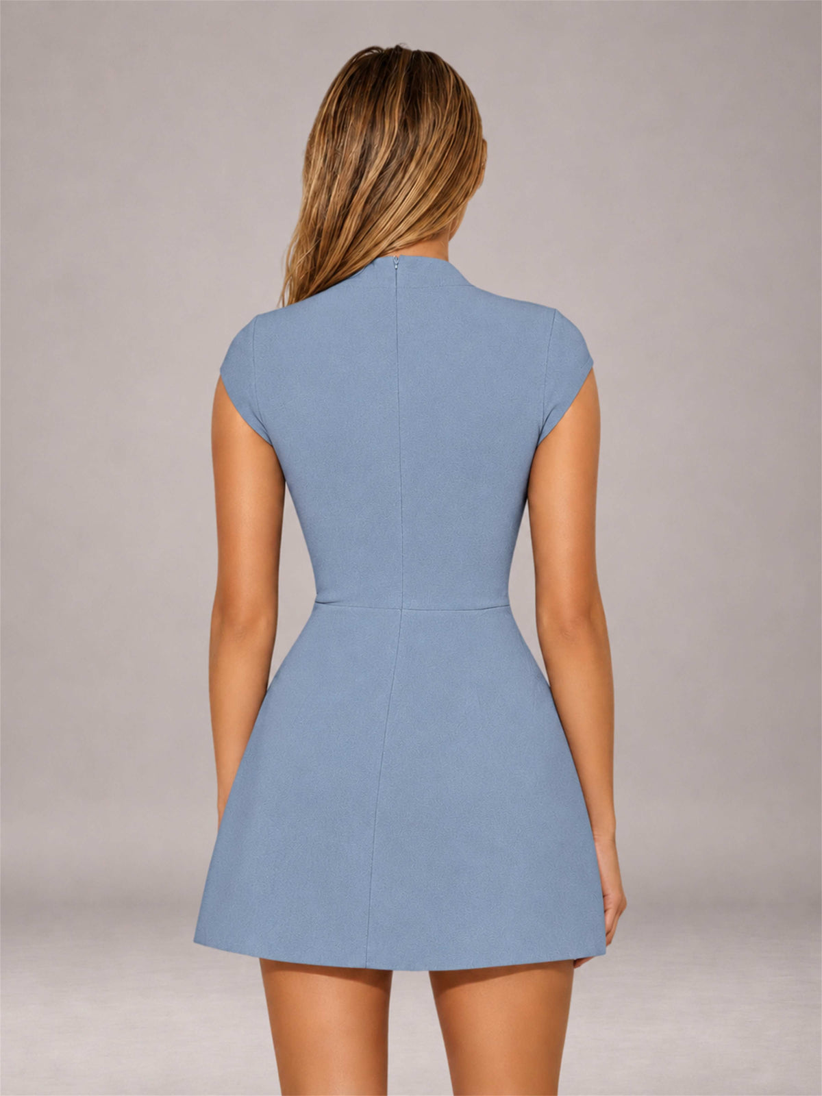 Dusty Blue High Neck Cap Sleeve Fit Flare Mini Homecoming Dress