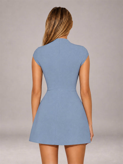 Dusty Blue High Neck Cap Sleeve Fit Flare Mini Homecoming Dress