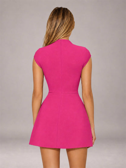 Hot Pink High Neck Cap Sleeve Fit Flare Mini Homecoming Dress